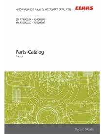 Catalogue de pièces pdf pour tracteur Claas Arion 660, 650, 640, 630, 620,610, 550, 540, 530, 520, 510 Stage 4 HEXASHIFT A74,...