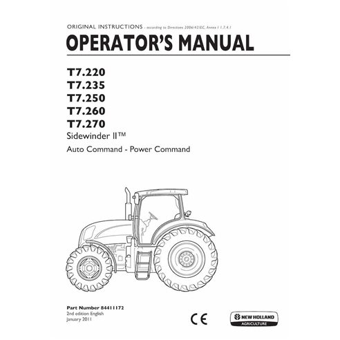 NH-84411172-OM Manuel de l'opérateur pdf pour tracteur New Holland T7.220, T7.235, T7.250, T7.260, T7.270