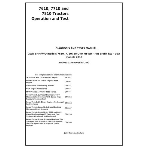 John Deere 7610, 7710, 7810 tracteur pdf manuel technique d'utilisation et d'essai - John Deere manuels - JD-TM2030-EN