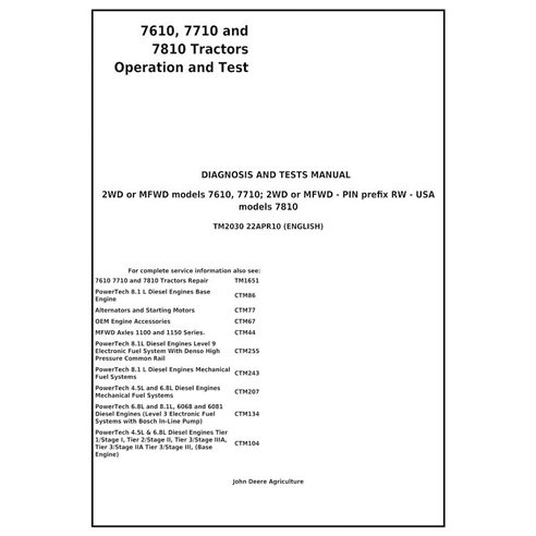 John Deere 7610, 7710, 7810 tractor pdf manual técnico de operación y prueba - John Deere manuales - JD-TM2030-EN