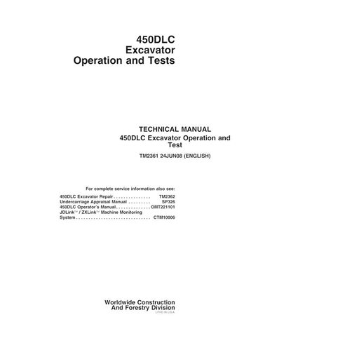 Manual técnico de operação e teste em pdf da escavadeira John Deere 450DLC - John Deere manuais - JD-TM2361-EN