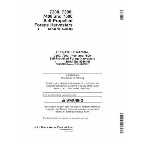 John Deere 7200, 7300, 7400, 7500, 7700, 7800 (J2) manual del operador de la cosechadora de forraje en pdf - John Deere manua...