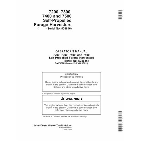 JD-OMZ93285 Manual del operador de la cosechadora de forraje John Deere 7200, 7300, 7400, 7500, 7700, 7800 (J2) (OMZ93285)