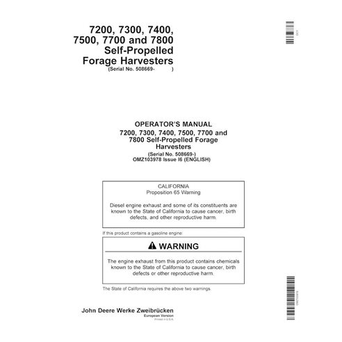 JD-OMZ103978 John Deere 7200, 7300, 7400, 7500, 7700, 7800 (I6) forage harvester operator's manual (OMZ103978)
