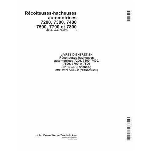 JD-OMZ103979-FR Manual do operador da colhedora de forragem John Deere 7200, 7300, 7400, 7500, 7700, 7800 (I6) FR (OMZ103979)