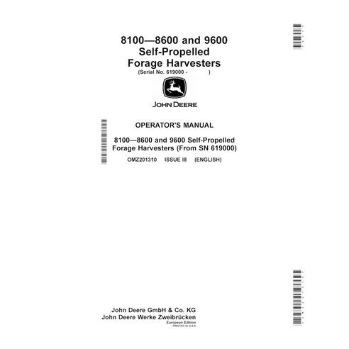 John Deere 8100, 8200, 8300, 8600, 8400, 8500, 9600 (I8) colhedora de forragem manual do operador em pdf - John Deere manuais...