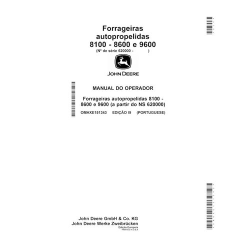 Colhedora de forragem John Deere 8100, 8200, 8300, 8600, 8400, 8500, 9600 (I9) pdf manual do operador PT - John Deere manuais...