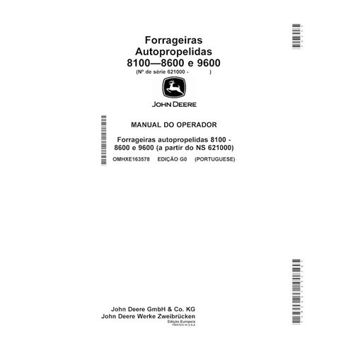 Colhedora de forragem John Deere 8100, 8200, 8300, 8600, 8400, 8500, 9600 (G0) pdf manual do operador PT - John Deere manuais...