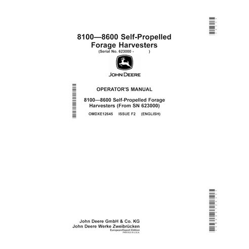 John Deere 8100, 8200, 8300, 8400, 8500, 8600 (F2) manual del operador de la cosechadora de forraje en pdf - John Deere manua...