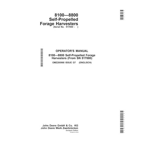 John Deere 8100, 8200, 8300, 8400, 8500, 8600, 8700, 8800 (G7) manual del operador de la cosechadora de forraje en pdf - John...