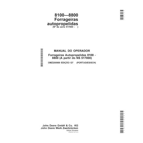 JD-OMZ200989-PT Manual do operador da colhedora de forragem John Deere 8100, 8200, 8300, 8400, 8500, 8600, 8700, 8800 (G7) PT...