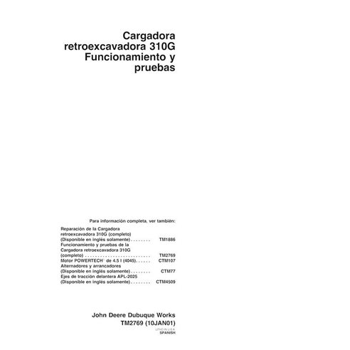 Manuel technique d'exploitation et de test de la chargeuse-pelleteuse John Deere 310G pdf ES - John Deere manuels - JD-TM2769-ES