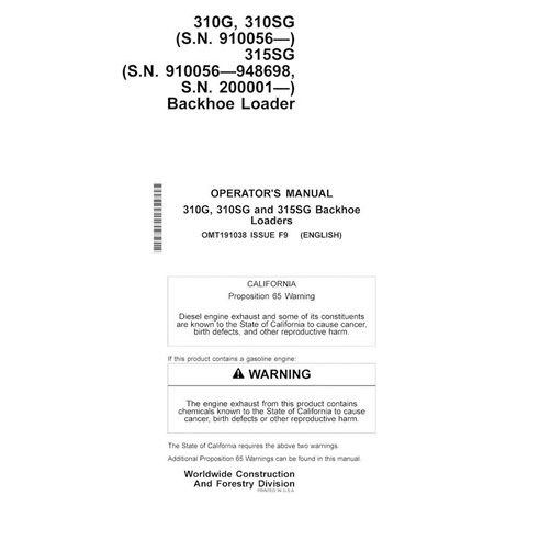 Manuel d'utilisation pdf de la chargeuse-pelleteuse John Deere 310G, 310SG, 315SG (F9) - John Deere manuels - JD-OMT191038-EN