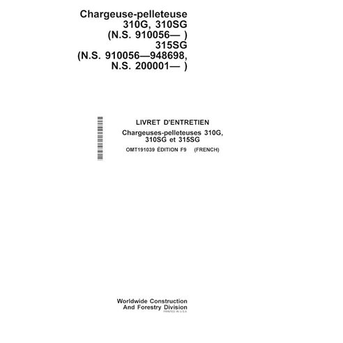 JD-OMT191039-FR John Deere 310G, 310SG, 315SG (F9) backhoe loader operator's manual FR (OMT191039)