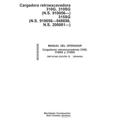 Manual do operador da retroescavadeira John Deere 310G, 310SG, 315SG (F9) em pdf ES - John Deere manuais - JD-OMT191040-ES