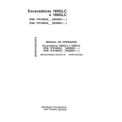Escavadeira John Deere 160GLC, 180GLC (B1) pdf manual do operador PT - John Deere manuais - JD-OMT352706X054-PT