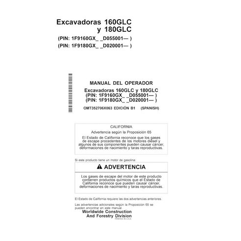 John Deere 160GLC, 180GLC (B1) excavator pdf operator's manual ES - John Deere manuals - JD-OMT352706X063-ES