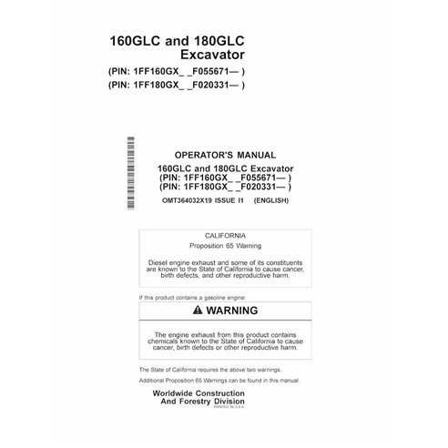 Manual do operador em pdf da escavadeira John Deere 160GLC, 180GLC (I1) - John Deere manuais - JD-OMT364032X19-EN