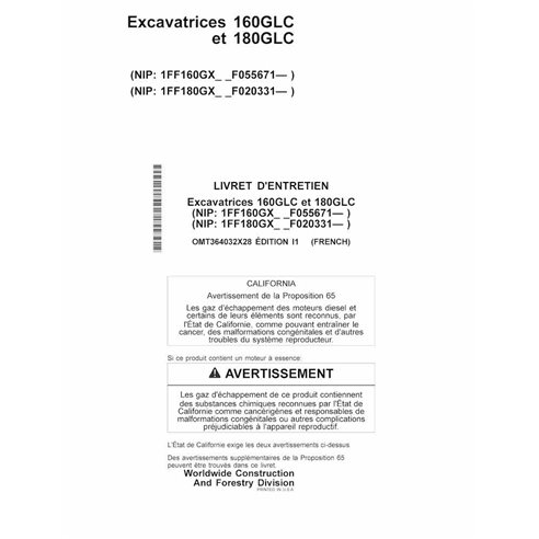 Manual del operador de la excavadora John Deere 160GLC, 180GLC (I1) pdf FR - John Deere manuales - JD-OMT364032X28-FR