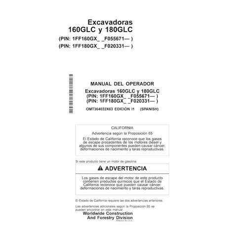 Manuel de l'opérateur pdf pour pelle John Deere 160GLC, 180GLC (I1) ES - John Deere manuels - JD-OMT364032X63-ES