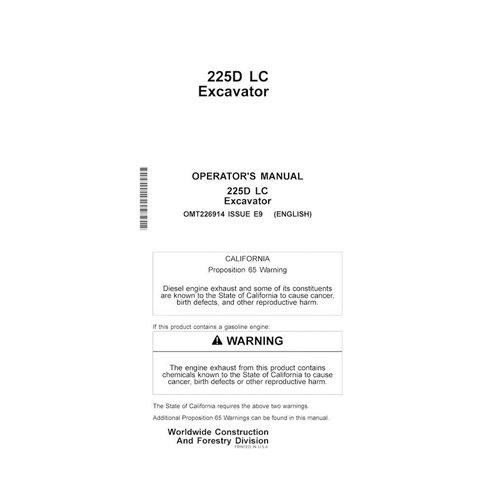 Manual do operador em pdf da escavadeira John Deere 225DLC - John Deere manuais - JD-OMT226914-EN