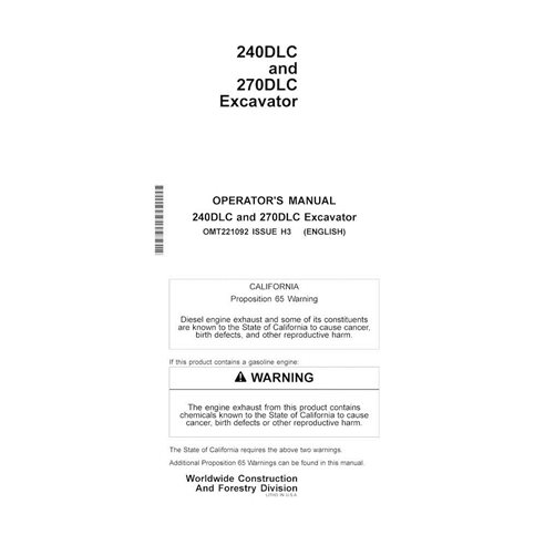 Manual do operador em pdf da escavadeira John Deere 240DLC, 270DLC - John Deere manuais - JD-OMT221092-EN