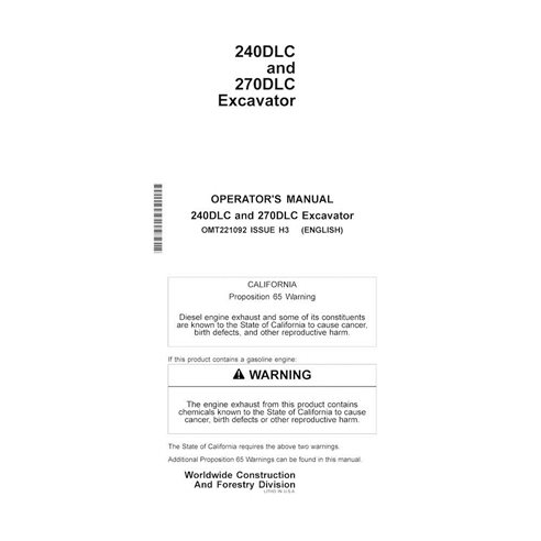 JD-OMT221092 Manuel d'utilisation pdf des excavatrices John Deere 240DLC, 270DLC