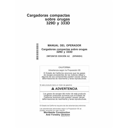 Manuel de l'opérateur pdf des chargeuses compactes sur chenilles John Deere 329D, 333D ES - John Deere manuels - JD-OMT256725-ES