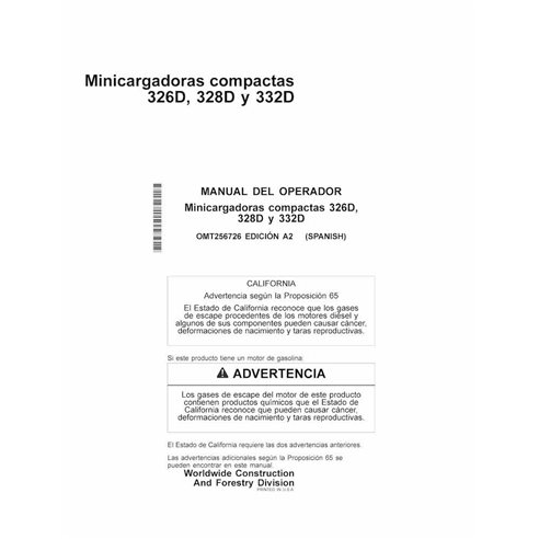 Manual do operador em pdf da carregadeira de esteira compacta John Deere 326D, 328D, 332D ES - John Deere manuais - JD-OMT256...