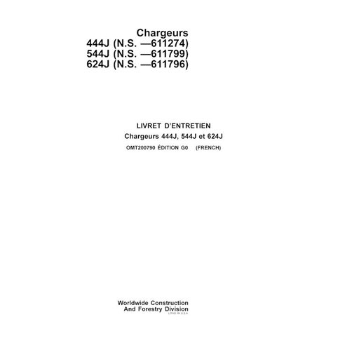 Manual do operador em pdf da carregadeira John Deere 444J, 544J, 624J FR - John Deere manuais - JD-OMT200790-FR