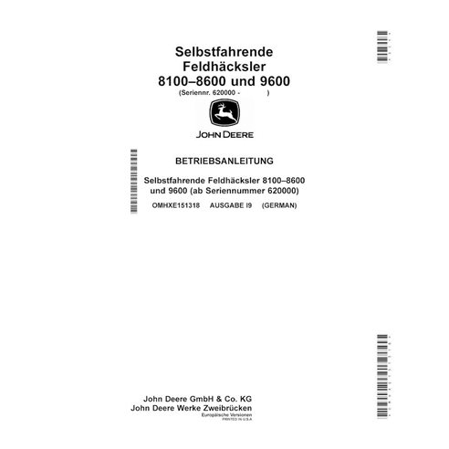 John Deere 8100, 8200, 8300, 8600, 8400, 8500, 9600 (I9) colhedora de forragem pdf manual do operador DE