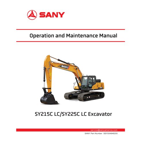 Excavadora Sany SY215CLC, SY225CLC pdf manual de operación y mantenimiento - Sany manuales - SANY-SSY004846200-OM-EN