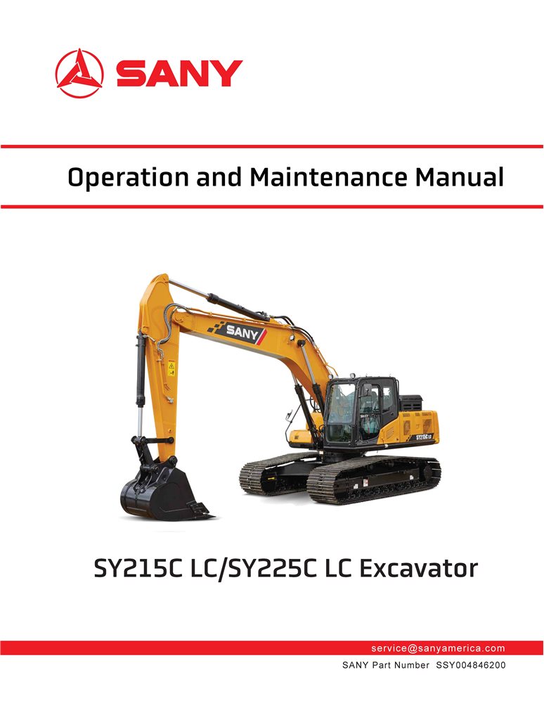 Excavadora Sany SY215CLC, SY225CLC Pdf Manual De Operación Y Mantenimiento