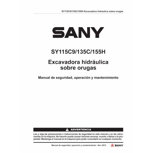 Excavadora Sany SY115C9, 135C, 155H pdf manual de operación y mantenimiento ES - Sany manuales - SANY-SY115C9-155H-OM-ES