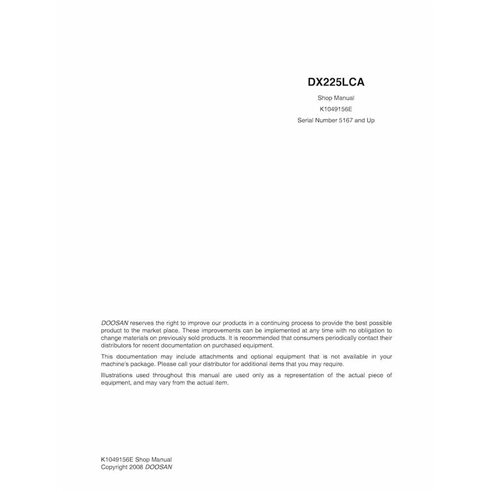 Manual de loja em pdf da escavadeira Doosan DX225LCA - Doosan manuais - DOOSAN-K1049156E-SM-EN