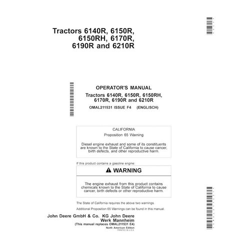 Manual del operador en pdf del tractor John Deere 6140R, 6150R, 6150RH, 6170R, 6190R, 6210R NA - John Deere manuales - JD-OMA...