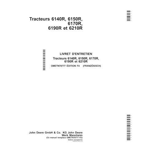 John Deere 6140R, 6150R, 6150RH, 6170R, 6190R, 6210R EU trator pdf manual do operador FR - John Deere manuais - JD-OMETN78777-FR