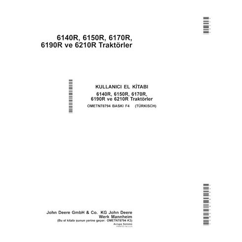 John Deere 6140R, 6150R, 6150RH, 6170R, 6190R, 6210R EU trator pdf manual do operador TR - John Deere manuais - JD-OMETN78794-TR