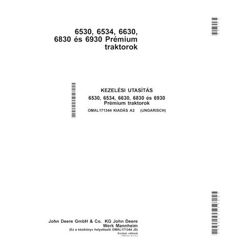 JD-OMAL171344 John Deere 6530, 6534, 6630, 6830, 6930 compact utility tractor operator's manual HU (OMAL171344)