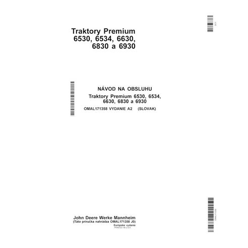JD-OMAL171358 John Deere 6530, 6534, 6630, 6830, 6930 compact utility tractor operator's manual SK (OMAL171358)