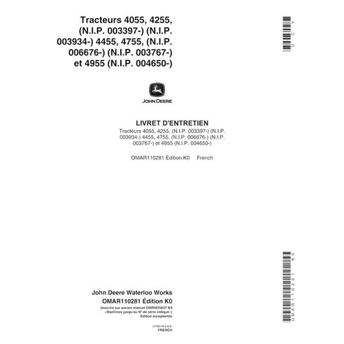 JD-OMAR110281-FR John Deere 4055, 4255, 4455, 4755, 4955 (SN 3397-10000, 20000) tractor operator's manual FR (OMAR110281)