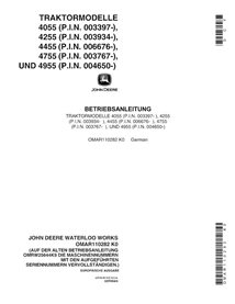 Manuel de l'opérateur pdf pour tracteur John Deere 4055, 4255, 4455, 4755, 4955 (SN 3397-10000, 20000) DE - John Deere manuel...