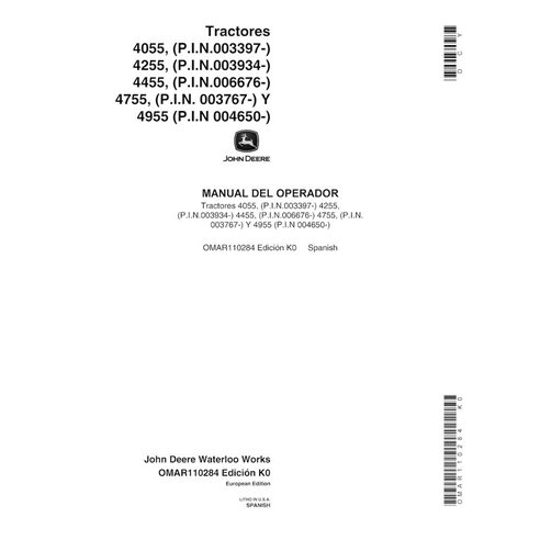 JD-OMAR110284-ES Manual del operador del tractor John Deere 4055, 4255, 4455, 4755, 4955 (SN 3397-10000, 20000) ES (OMAR110284)