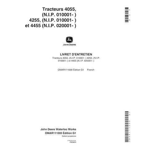 Manual do operador em pdf do trator John Deere 4055, 4255, 4455 (SN 10000-, 20000-) FR - John Deere manuais - JD-OMAR111000-FR