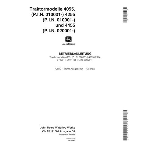 JD-OMAR111001-DE Manual del operador del tractor John Deere 4055, 4255, 4455 (SN 10000-, 20000-) DE (OMAR111001)