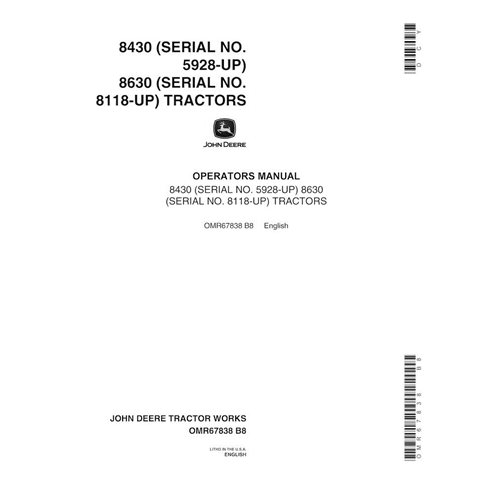JD-OMR67838 Manuel de l'opérateur pdf du tracteur John Deere 8430, 8630 (SN 059280-)