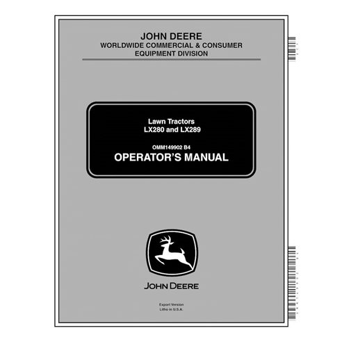 Manual do operador do trator de gramado John Deere LX280, LX289 em pdf - John Deere manuais - JD-OMM149902-EN