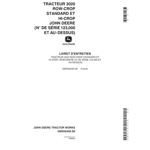 Manual do operador em pdf do trator John Deere 3020 (SN 123000-) FR - John Deere manuais - JD-OMR46458-FR