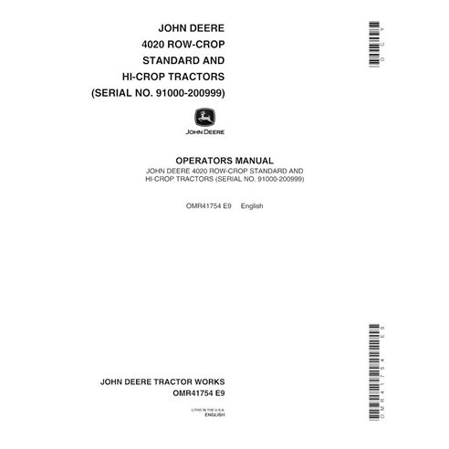 Manuel de l'opérateur pdf du tracteur John Deere 4000, 4020 (SN 91000-200999) - John Deere manuels - JD-OMR41754-EN