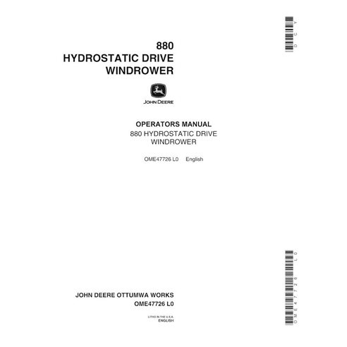 Manual del operador en pdf de la hileradora con accionamiento hidrostático John Deere 880 - John Deere manuales - JD-OME47726-EN